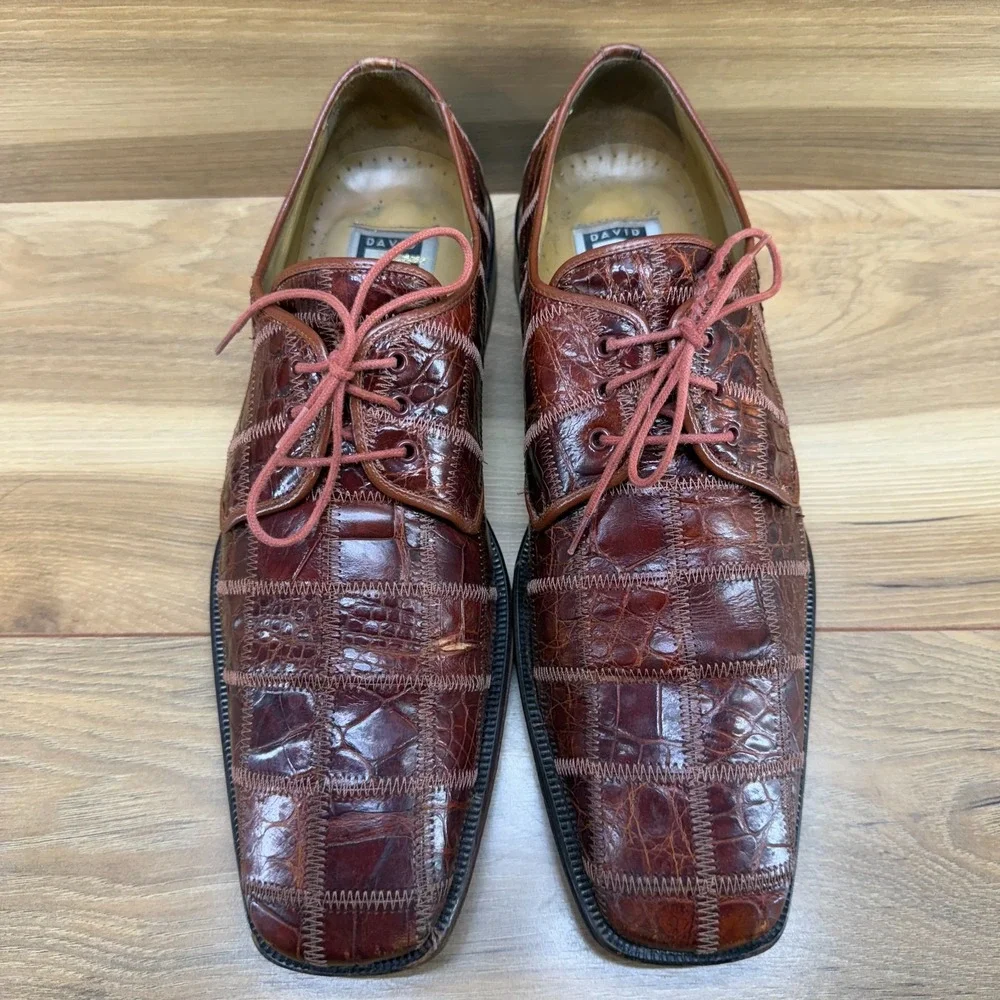DAVID EDEN Genuine Crocodile Patchwork Mens 10 Oxford Dress Shoes Square Toe